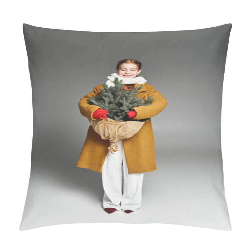 Personality  A Cheerful Girl Dressed In Cozy Winter Clothes Embraces A Small Tree With Joy. Pillow Covers