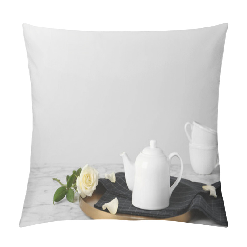 Personality  Tray With Teapot And Rose On Table Against Light Background Pillow Covers