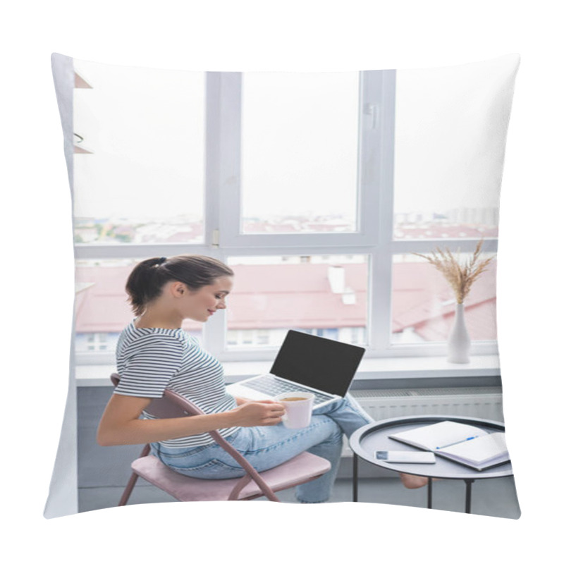 Personality  Selective Focus Of Barefoot Freelancer Holding Cup Of Herbal Tea And Laptop Near Smartphone And Notebook On Coffee Table  Pillow Covers