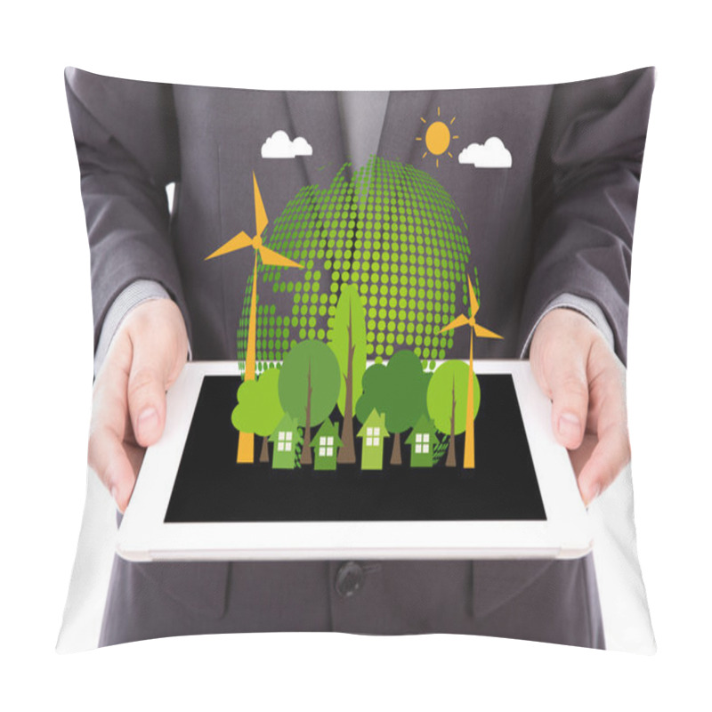 Personality  Portrait Of Young Business Man Using A Touch Screen Device With  Pillow Covers