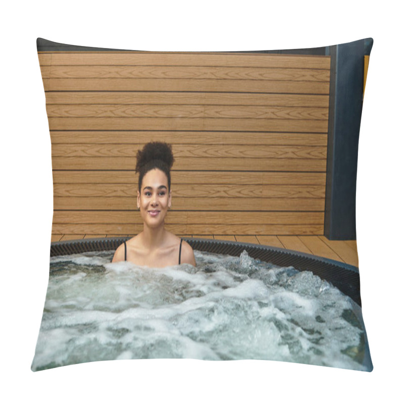 Personality  A Young African American Woman Savors The Relaxing Experience Of A Spa Whirlpool. Pillow Covers