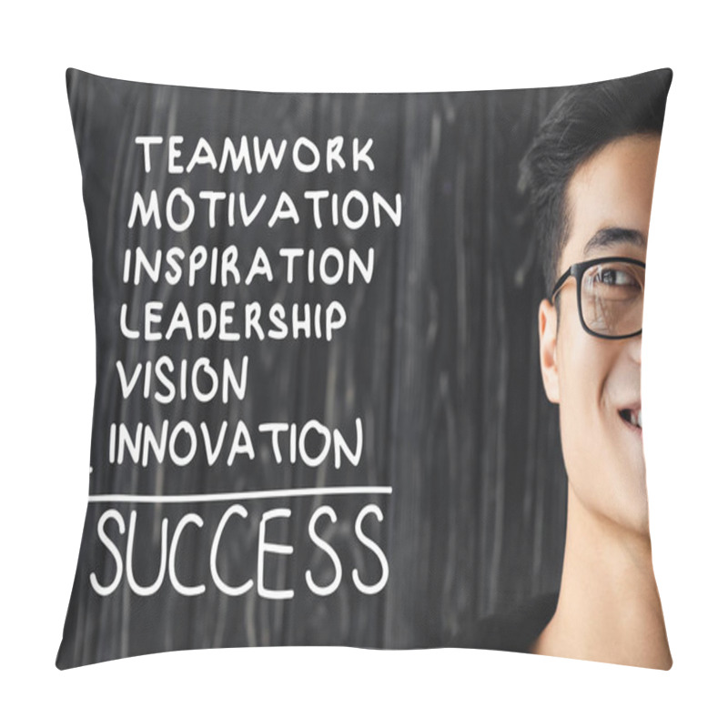 Personality  Cropped View Of Smiling Asian Man In Glasses And Illustration With Concept Words Of Success  Pillow Covers