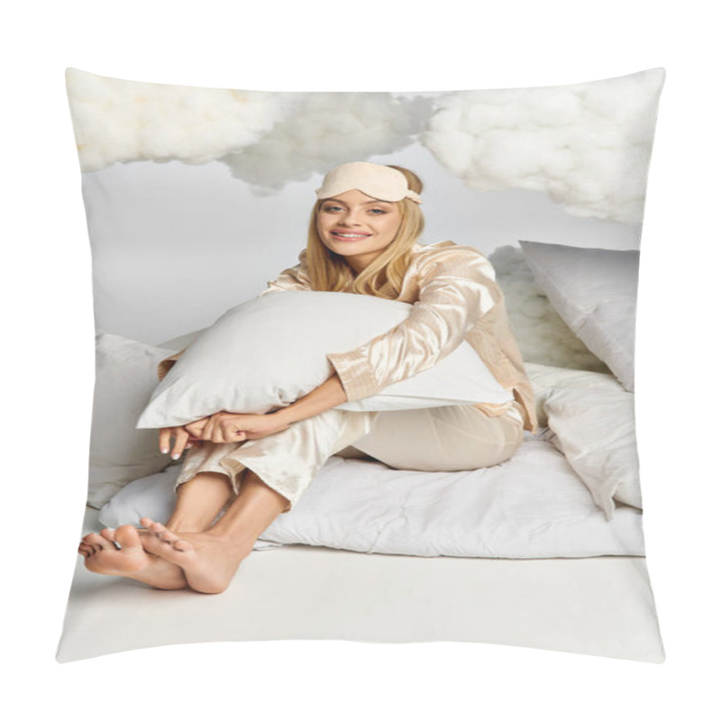 Personality  A Beautiful Blonde Woman In Cozy Pyjamas Sitting On A Bed Covered In Pillows. Pillow Covers