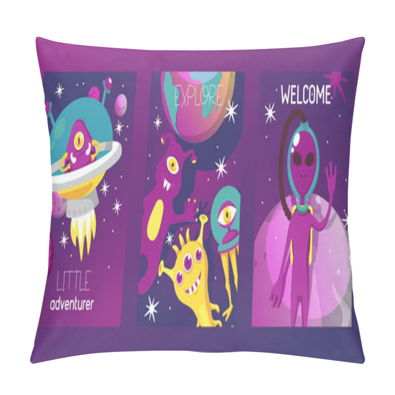 Personality  Monster Alien Set Of Cards Vector Illustration. Cartoon Monstrous Character, Cute Alienated Creature Or Funny Gremlin On Halloween For Kids. Spacecraft In Cosmos Among Stars. Pillow Covers