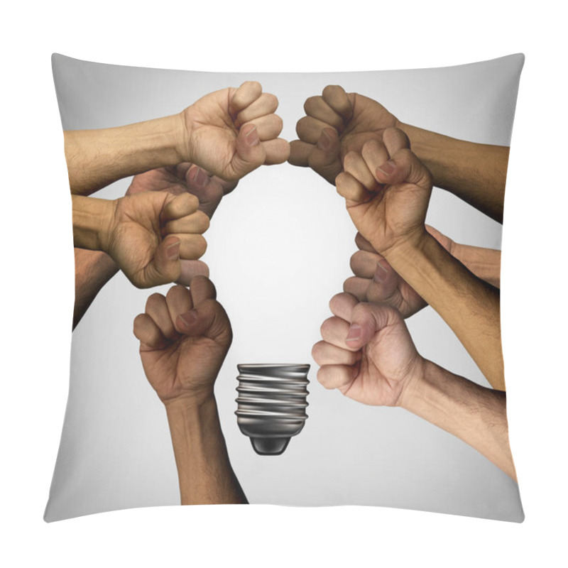 Personality  Protesting People Demonstrating Together As A Diverse Group Coming Together Joining Hands Into The Shape Of An Inspirational Light Bulb As A Community Rights Metaphor With 3D Elements. Pillow Covers