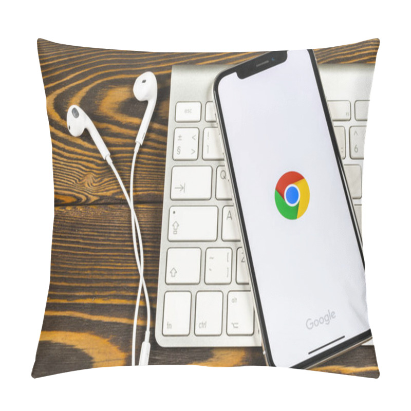 Personality  Sankt-Petersburg, Russia, June 2, 2018: Google Chrome Application Icon On Apple IPhone X Screen Close-up. Google Chrome App Icon. Google Chrome Application. Social Media Network Pillow Covers