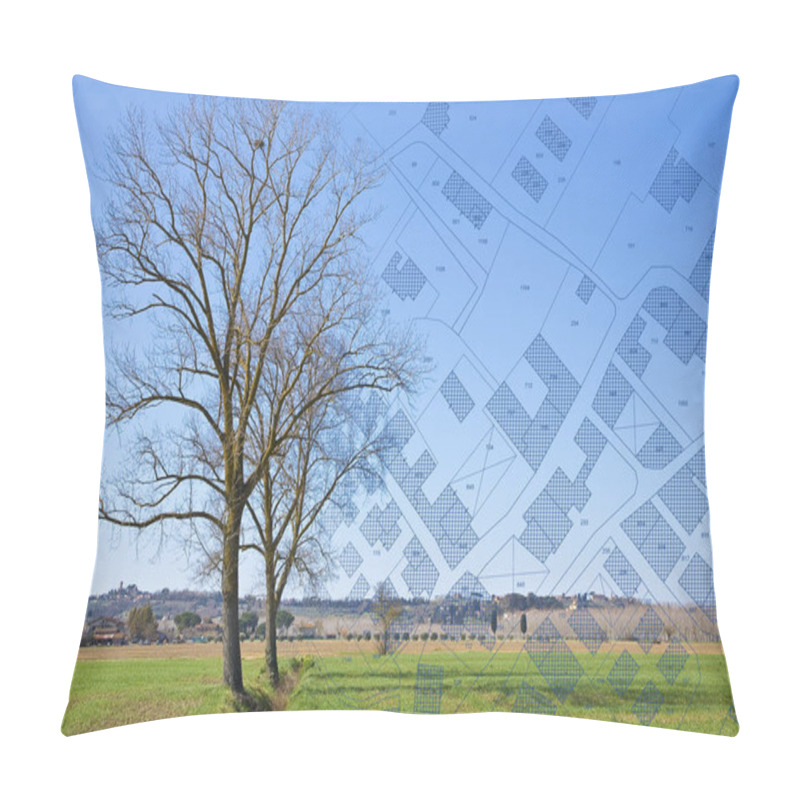 Personality  Rural Urban Transformation Concept With A Rural Scene, Agricultural Field And Tree With And Imaginary Cadastral Map Pillow Covers