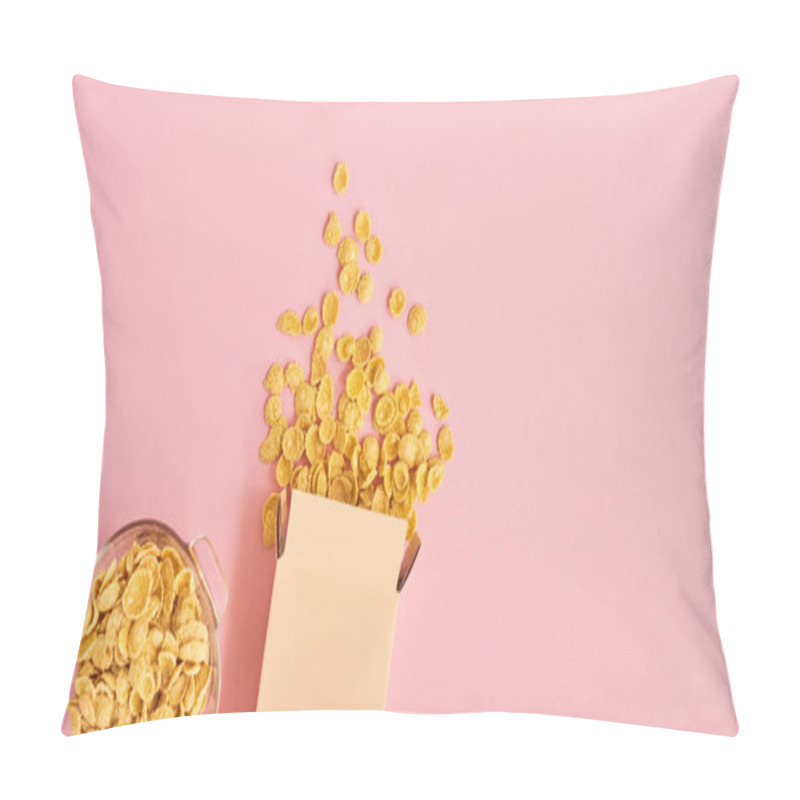 Personality  Top View Of Box Of Cereals And Bowl  On Pink Background Pillow Covers