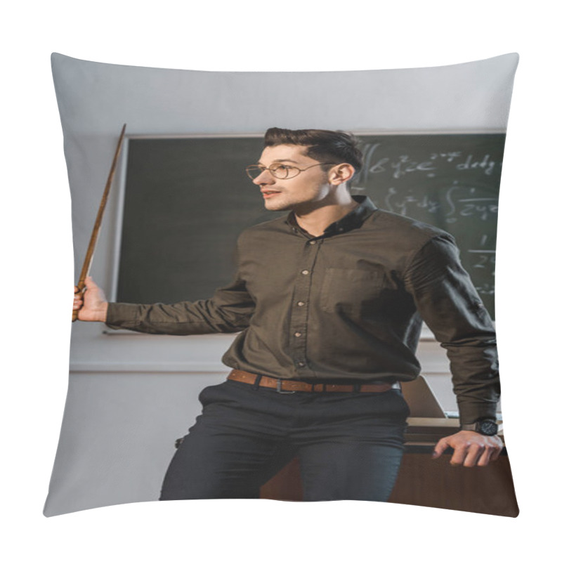 Personality  Male Teacher In Formal Wear And Glasses Holding Wooden Pointer And Explaining Equations In Class Pillow Covers