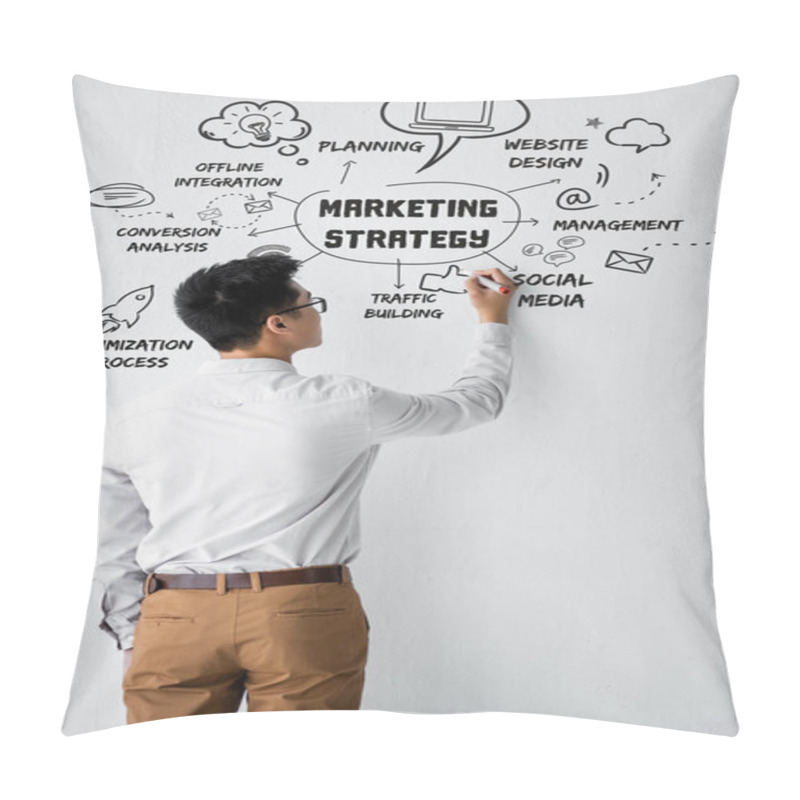 Personality  Back View Of Seo Manager Writing On Wall With Illustration With Concept Words Of Marketing Strategy Illustration Pillow Covers