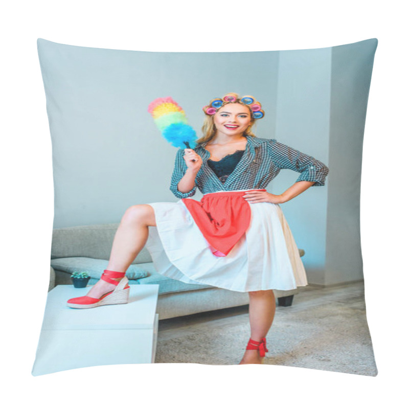 Personality  Housewife Posing With Duster  Pillow Covers