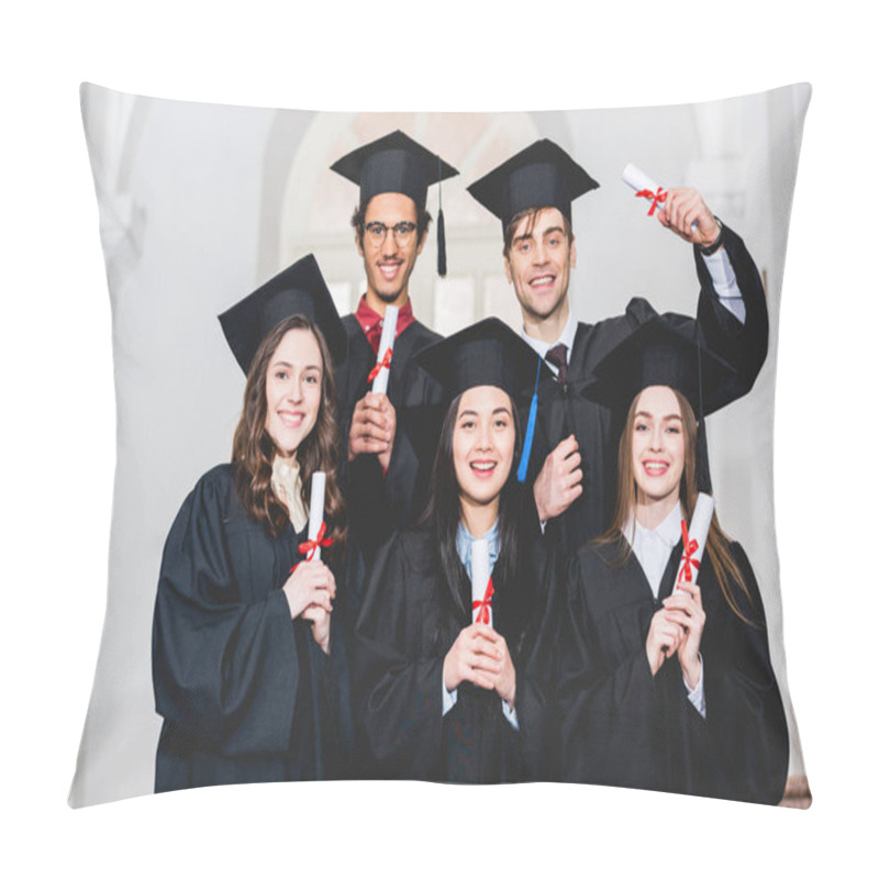 Personality  Happy Group Of Students In Graduation Gowns Smiling And Holding Diplomas  Pillow Covers