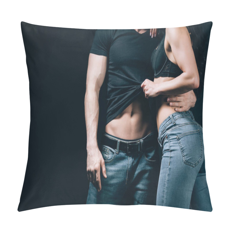 Personality  Partial View Of Couple In Denim Kissing And Undressing Isolated On Black  Pillow Covers