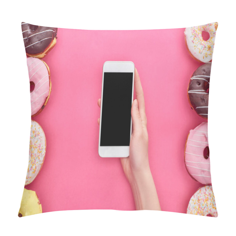 Personality  Partial View Of Woman Holding Smartphone With Blank Screen Near Tasty Doughnuts On Bright Pink Background Pillow Covers