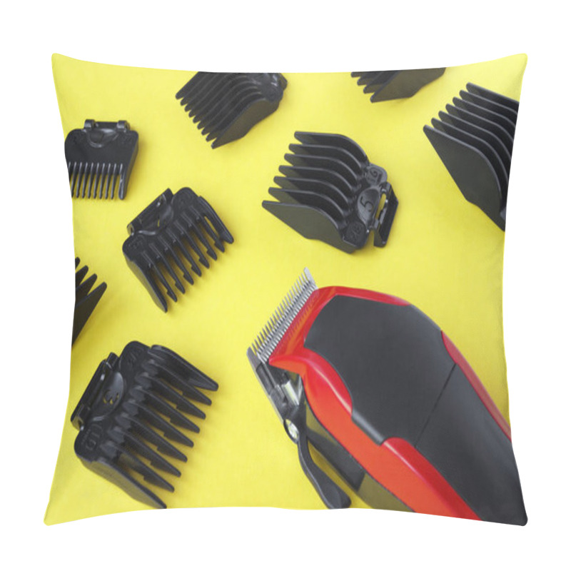 Personality  Hairdressers Tool. Hair Clipper Close-up On A Yellow Background With Nozzles Of Different Sizes. Pillow Covers