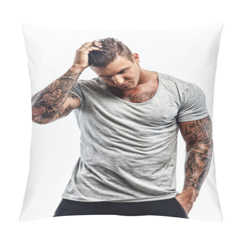 Personality  Tattooed Man In Grey T Shirt. Pillow Covers