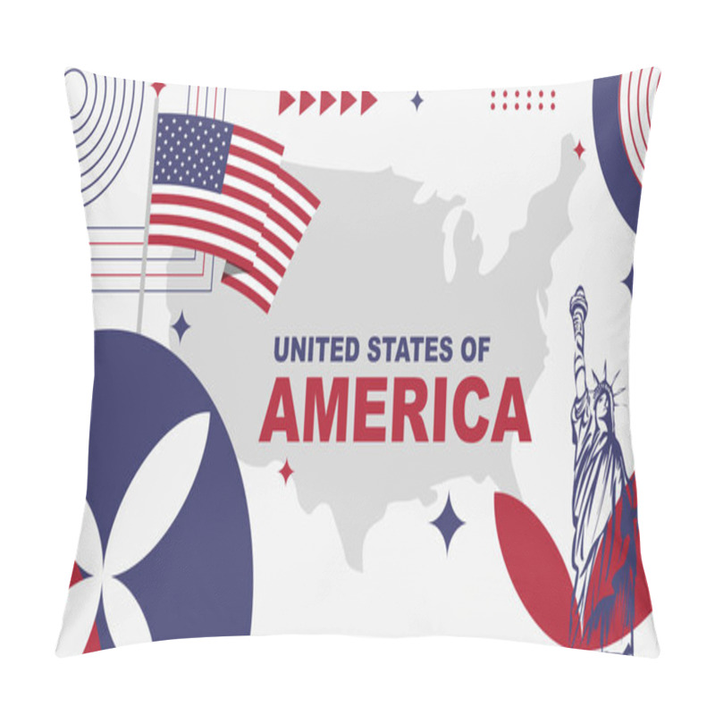 Personality  United States Of America National Holiday Or American Independence Day, Design Background Banner With Statue Of Liberty, Map And American Flag In Modern Retro Style Pillow Covers