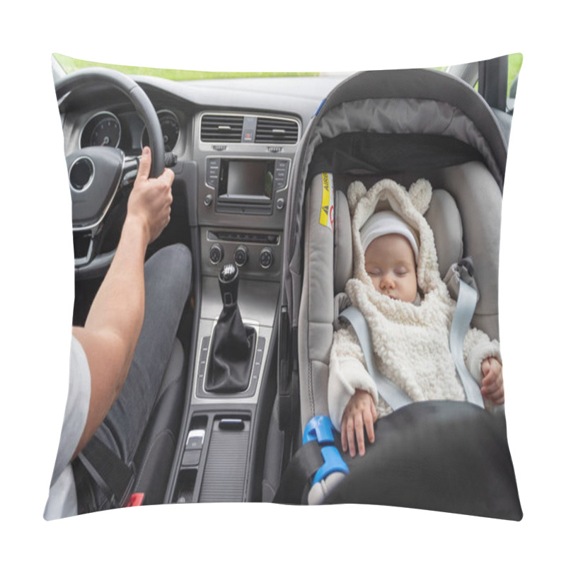 Personality  Cute Three Months Old Baby Sleeping In Car Seat On Front-seat Of The Car Pillow Covers