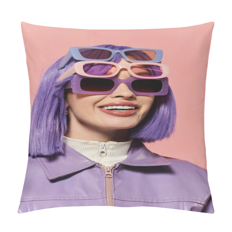 Personality  A Vibrant Woman Showcases Her Stylish Look With Multiple Pairs Of Sunglasses On A Pink Backdrop. Pillow Covers