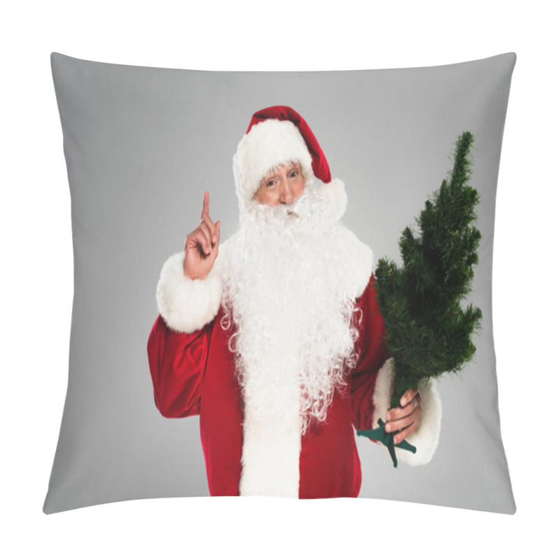 Personality  Santa Claus In Costume Holding Small Spruce Tree While Having Idea Isolated On Grey  Pillow Covers