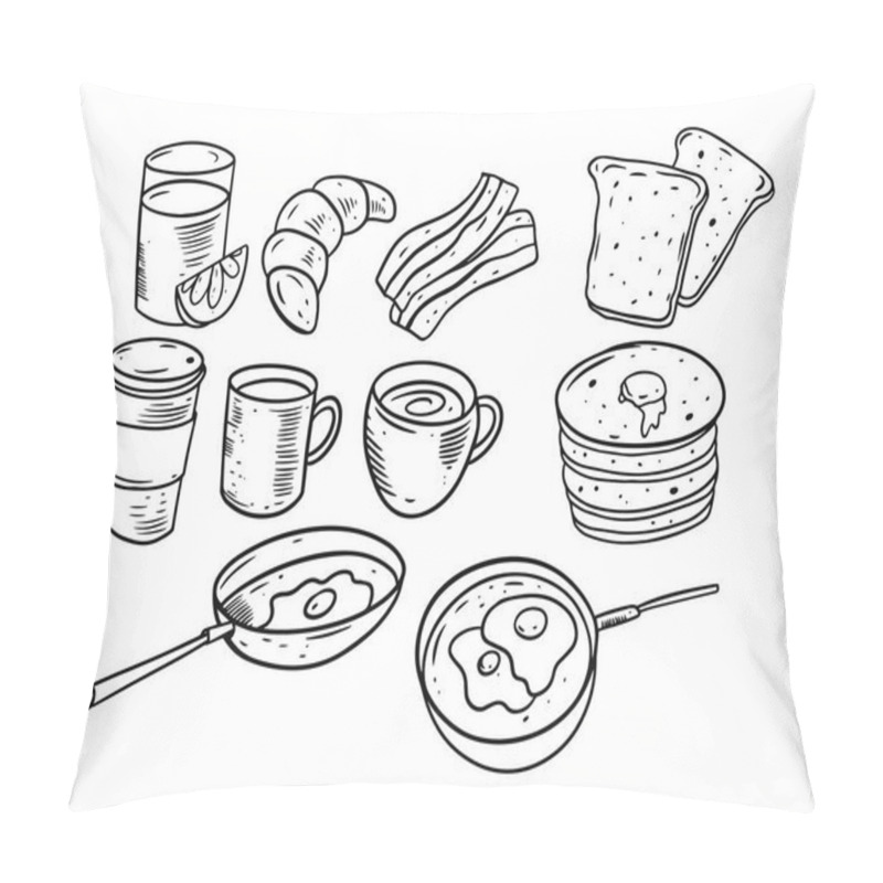 Personality  Breakfast Products Set. Hand Drawing Sketch Vector Illustration. Pillow Covers