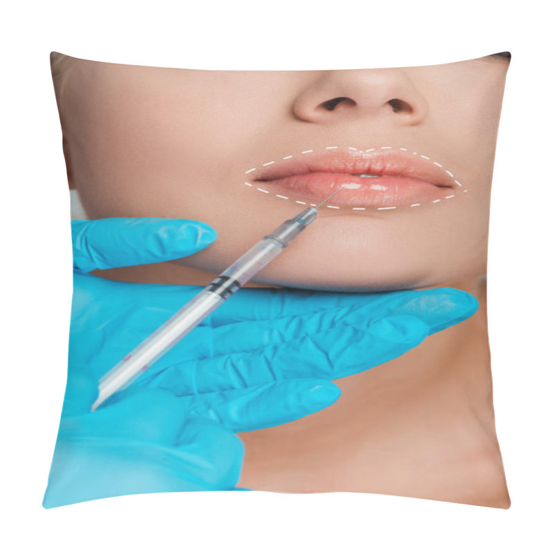 Personality  Cropped View Of Beautician In Latex Gloves Doing Lip Augmentation To Woman Pillow Covers