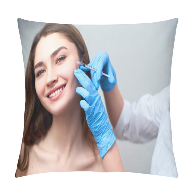 Personality  Beautician Doctor With Botulinum Toxin Syringe Making Injection To To Remove Crows Feet. Cheek Volume Enhance Mesotherapy. Anti-aging Treatment And Face Lift In Cosmetology Clinic. Pillow Covers