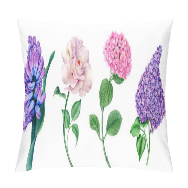 Personality  Set Of Flowers (violet Hyacinth, White Rose, Violet Syringa And Pink Hydrangea) Watercolor Illustration Isolated On A White Background Suitable For Floral Spring Designs Or Wedding Or Greeting Card Pillow Covers