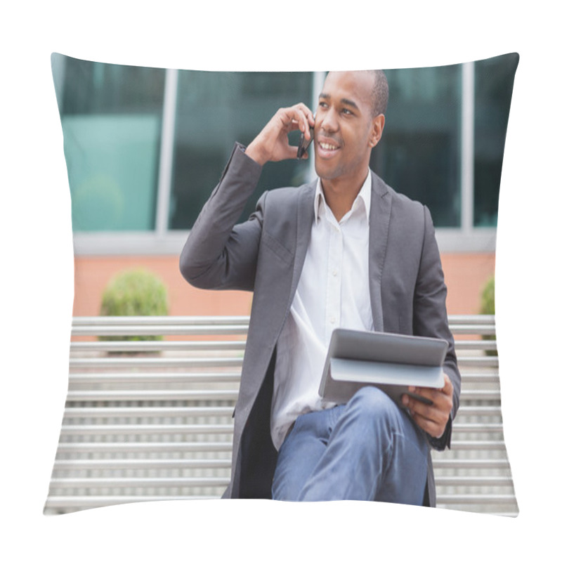 Personality  Afro American Manager Sitting On The Bench And Phoning Pillow Covers