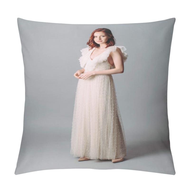 Personality  Woman's Fashion. Beautiful Ginger Lady Model In White Evening Dress On Grey Studio Background. Closeup Portrait Of A Young Woman In Cocktail Gown With Natural Makeup And Hairdo. Pillow Covers