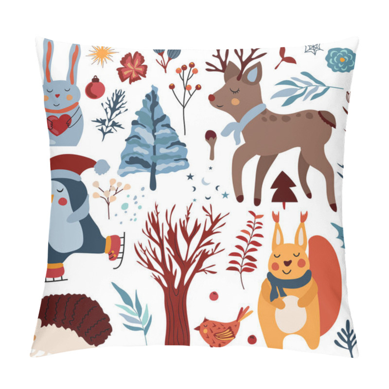 Personality  Magic Winter Animals, Cute Penguin On Skates, Reindeer, Funny Squirrel, Christmas Tree, Hedgehog, Colorful Leaves And Flowers. Scandinavian Animals. Perfect For Greeting Cards, Poster, Banner. Vector Pillow Covers