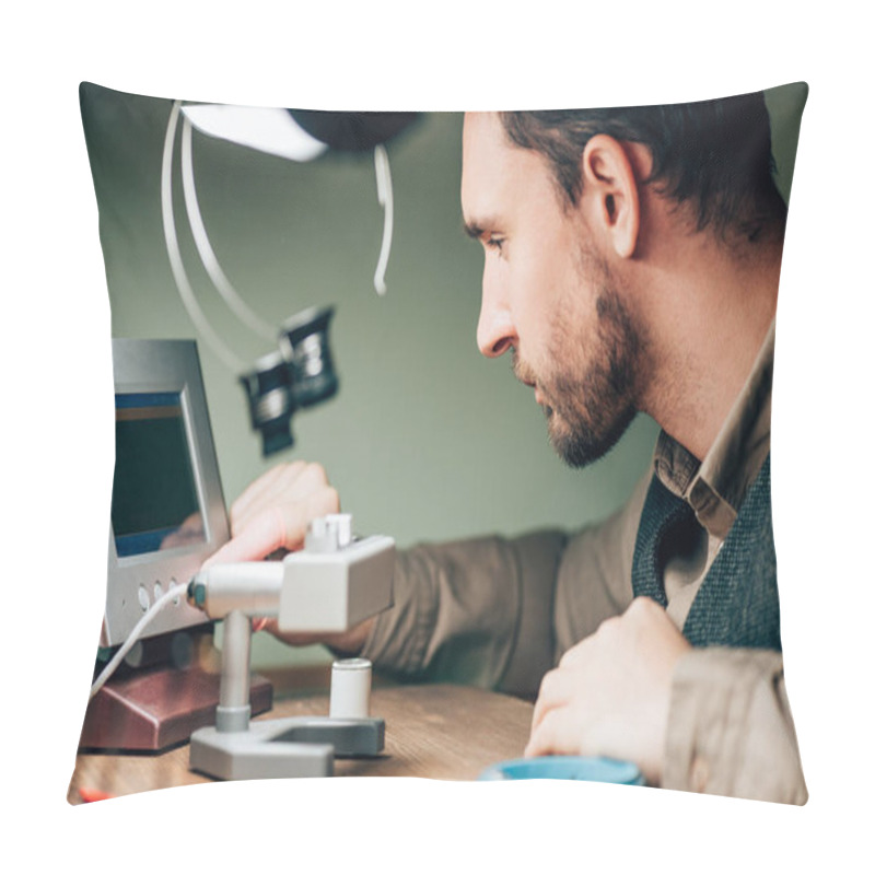 Personality  Side View Of Watchmaker Using Timegrapher While Working At Table Pillow Covers