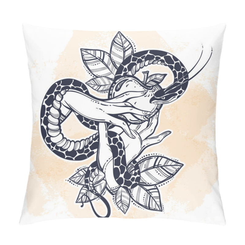 Personality  Eve's Hands With Forbidden Fruit And Snake. Hand-drawn Tattoo Art. Element Of A Biblical Story Of Eve. Vintage Isolated Vector Art On Watercolor Background Pillow Covers