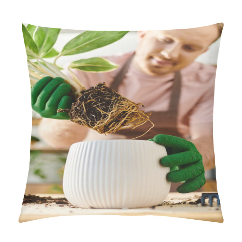 Personality  A Man Delicately Holds A Potted Plant, Showcasing Its Roots With Care In A Small Plant Shop, Embodying A True Connection To Nature. Pillow Covers