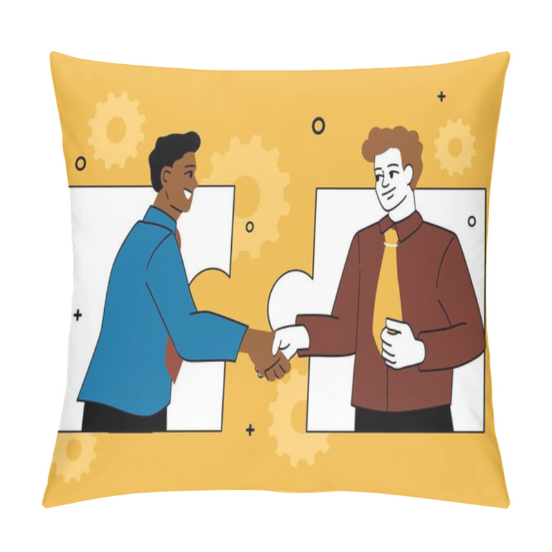 Personality  Concept Of Partnership. Men Shake Hands, Successful Negotiations, Businessman And Investor Conclude Deal. Cooperation, Coworking, Teamwork And Collaboration. Cartoon Flat Vector Illustration Pillow Covers