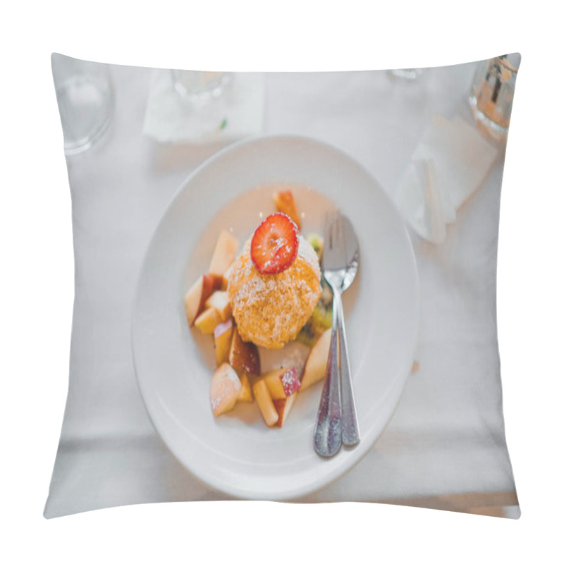 Personality  A Delectable Dessert Presentation Featuring A Golden-fried Pastry Topped With A Strawberry Slice, Served With Fresh Fruit Pieces On A White Plate, Presented On A Table With A Casual Ambiance. Pillow Covers