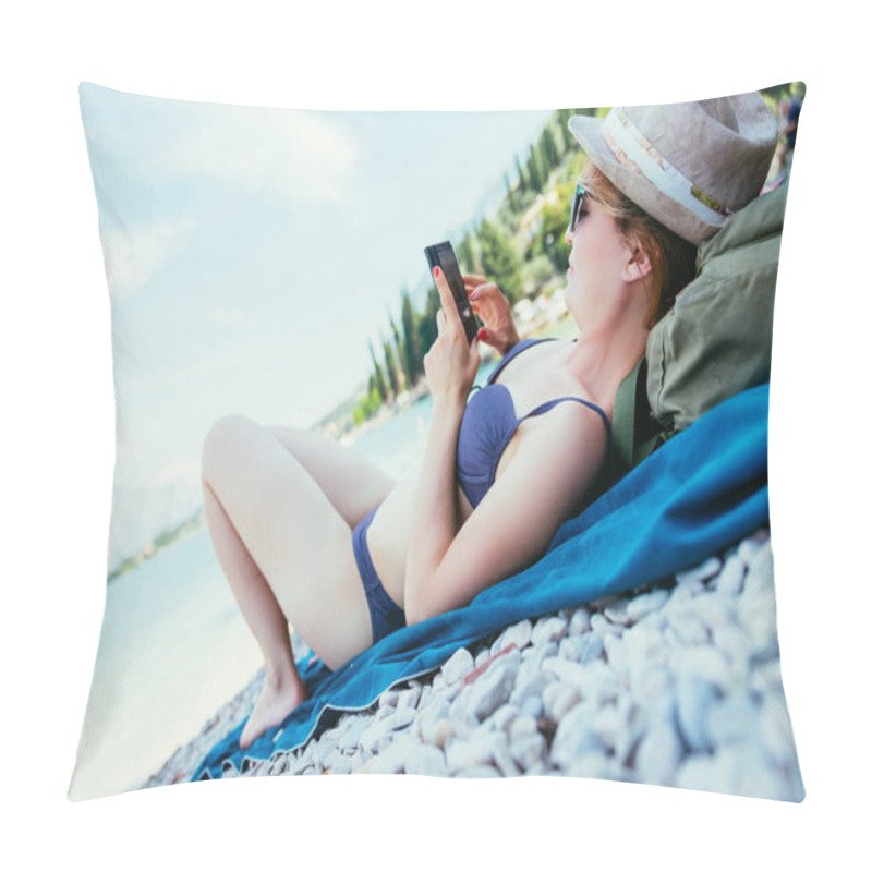 Personality  Smartphone On The Beach: Beautiful Young Girl With Straw Hat In  Pillow Covers