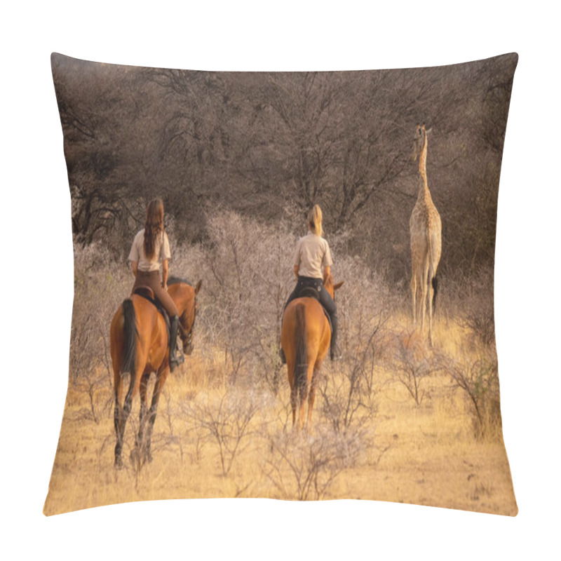 Personality  Brunette And Blonde Following Giraffe On Horseback Pillow Covers