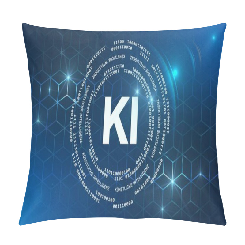 Personality  Artificial Intelligence Technology Concept AI (in German - Kuenstliche Intelligenz KI) - Binary Code And Lettering Arranged In A Circle On Graphic Cube Pattern Background - 3D Illustration Pillow Covers