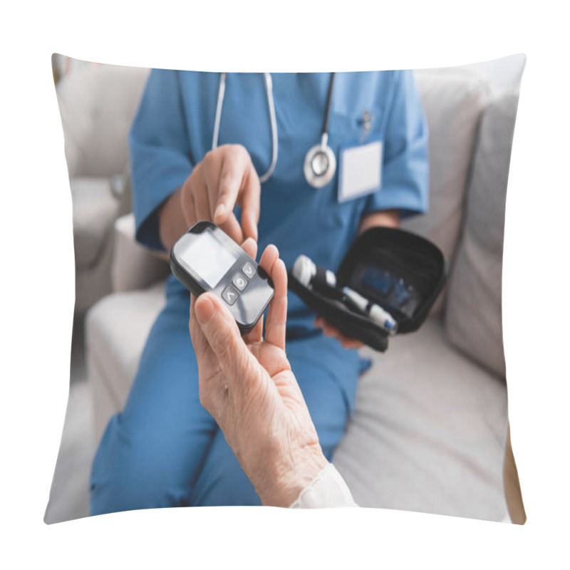 Personality  Partial View Of Multiracial Nurse Pointing At Glucometer In Hand Of Senior Woman Pillow Covers