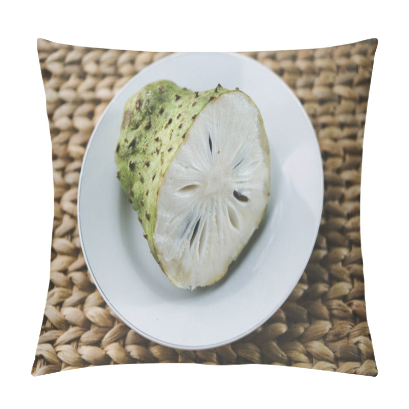 Personality  A Close-up View Of A Halved Soursop Fruit Placed On A White Plate Against A Natural, Woven Background, Highlighting Its Texture, Color, And Exotic Appeal Pillow Covers