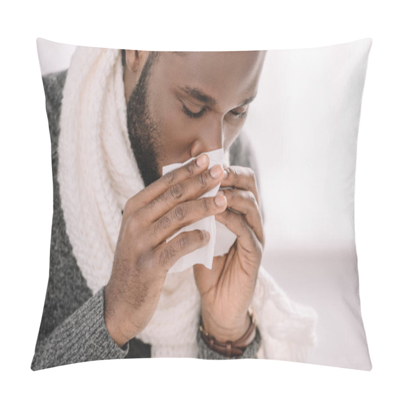 Personality  Ill African American Man With Runny Nose Holding Napkin Pillow Covers