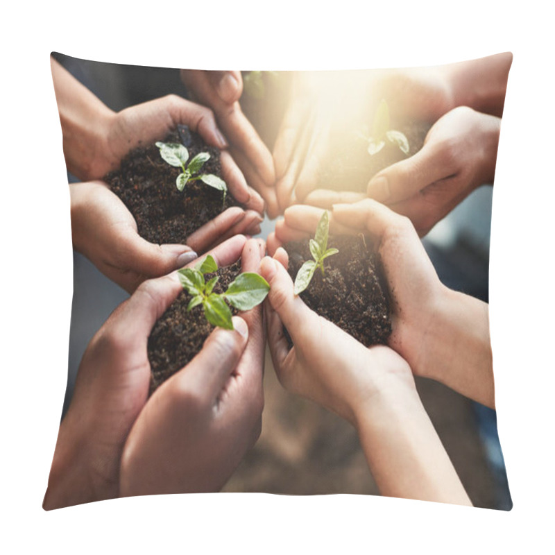 Personality  Together We Can Save Tomorrow. Cropped Shot Of A Group Of Unrecognizable People Holding Plants Growing Out Of Soil. Pillow Covers