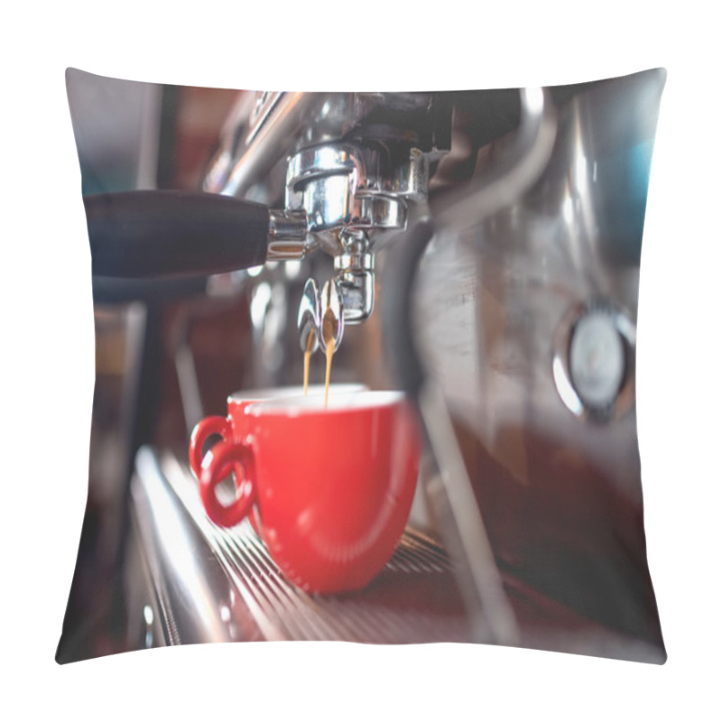 Personality  Automatic Espresso Machine Pouring Coffee In Cups At Restaurant Or Pub. Barista Concept With Machinery, Tamper, Coffee And Tools Pillow Covers