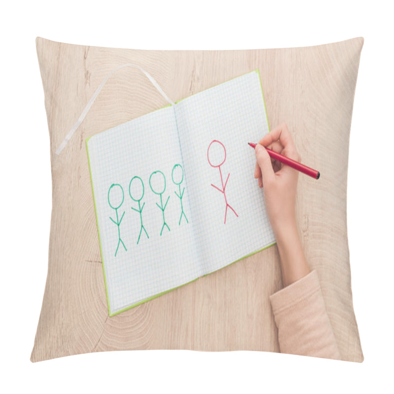 Personality  Cropped View Of Woman Drawing Different Humans In Notebook, Autism Concept Pillow Covers