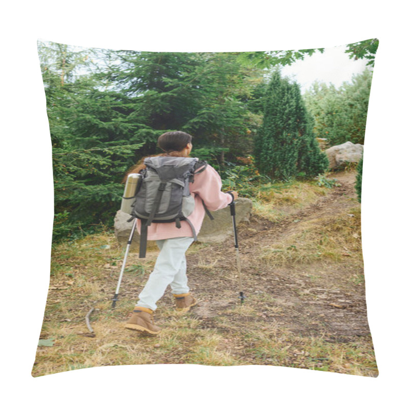 Personality  A Young African American Woman Hikes Through A Vibrant Forest, Embracing The Autumn Beauty And Adventure. Pillow Covers