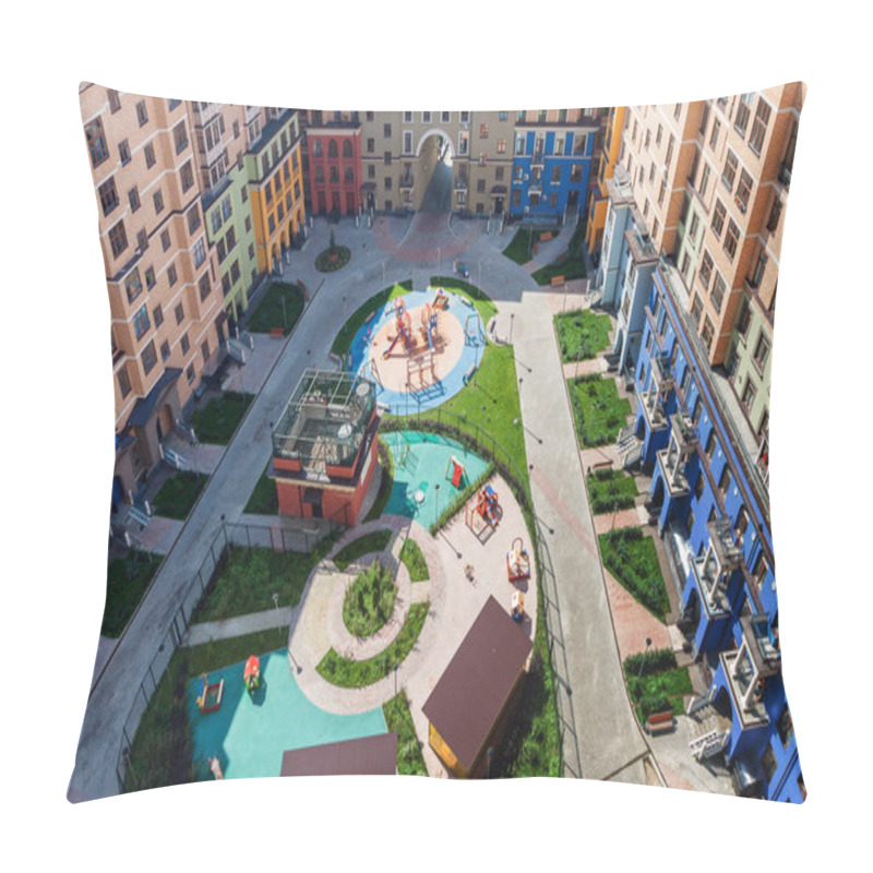 Personality  Playground For Children And House Building Exterior Mixed-use Urban Multi-family Residential Complex District. Top View Pillow Covers