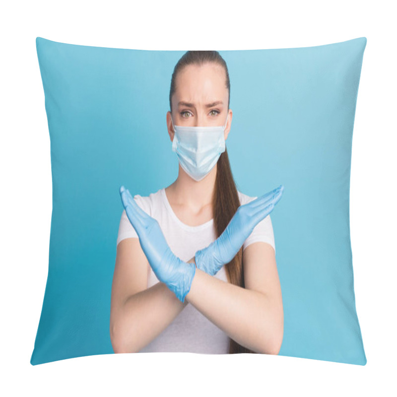 Personality  Photo Of Pretty Serious Lady Crossing Arms Keep Social Distance Avoid People Crowd Contact Hospital Examination Wear Protect Face Mask T-shirt Isolated Blue Color Background Pillow Covers