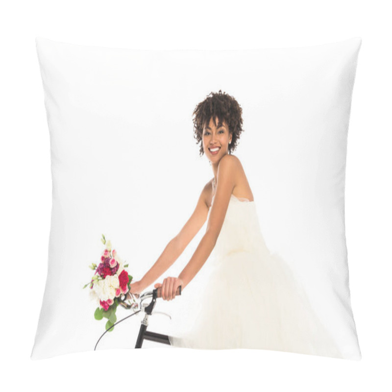 Personality  Happy African American Bride In Wedding Dress Holding Flowers While Riding Bicycle Isolated On White  Pillow Covers