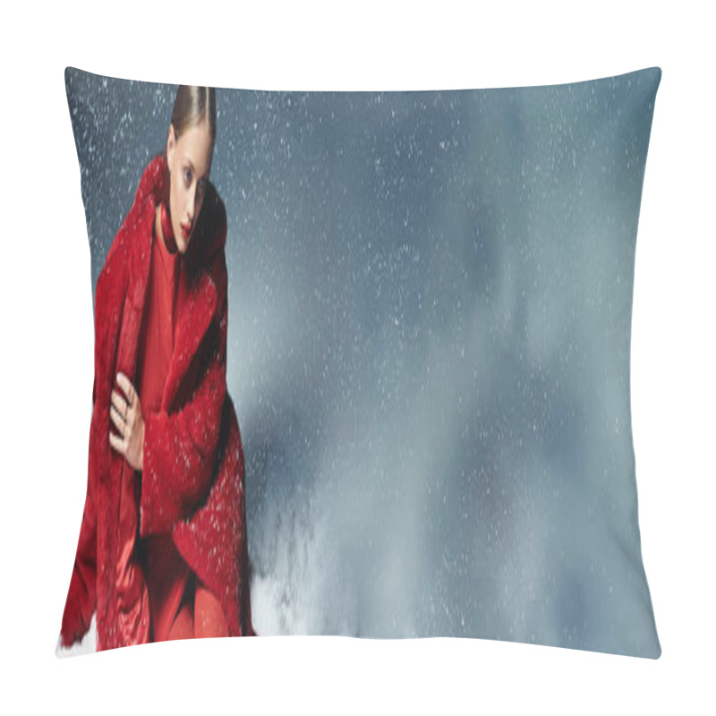 Personality  A Young Beautiful Woman Elegantly Poses Amid Swirling Snowflakes, Showcasing Her Stylish Red Attire. Pillow Covers